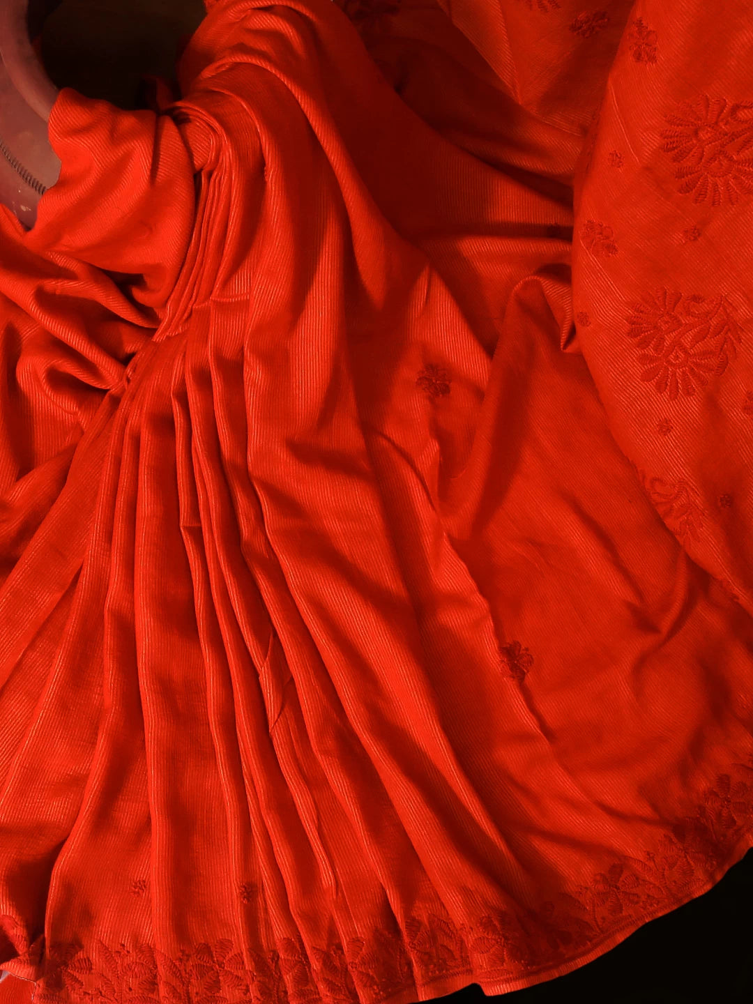 Ada Hand Embroidered Flame Orange Silk Lucknowi Chikankari Saree With Blouse 01A379747