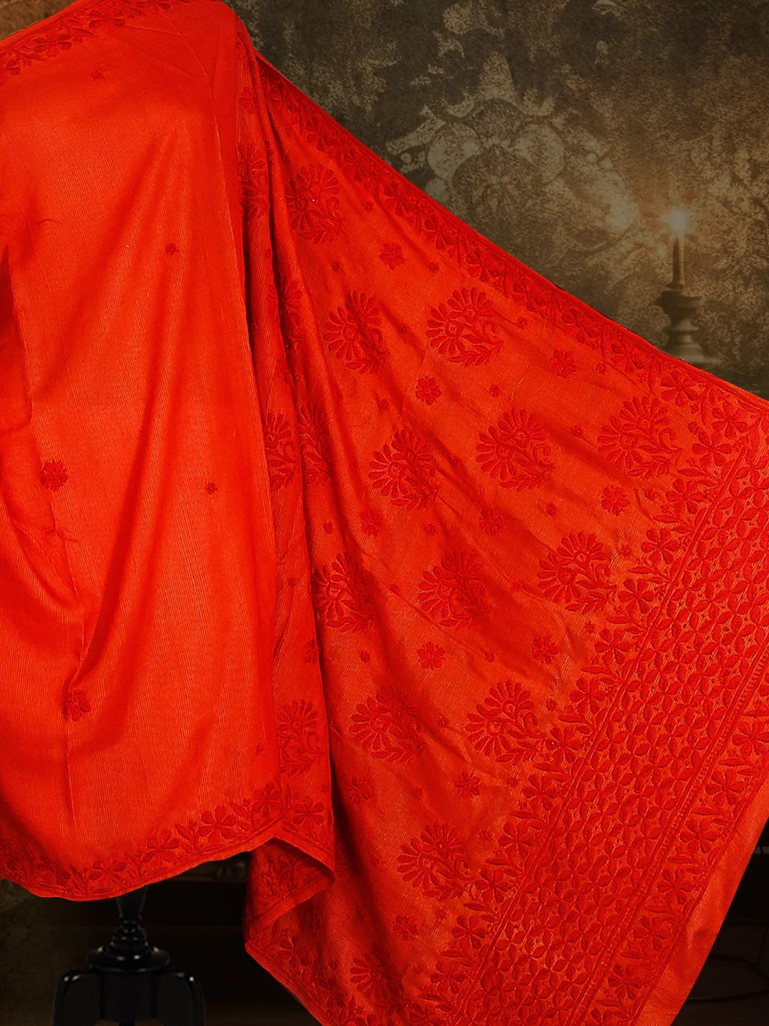 Ada Hand Embroidered Flame Orange Silk Lucknowi Chikankari Saree With Blouse 01A379747