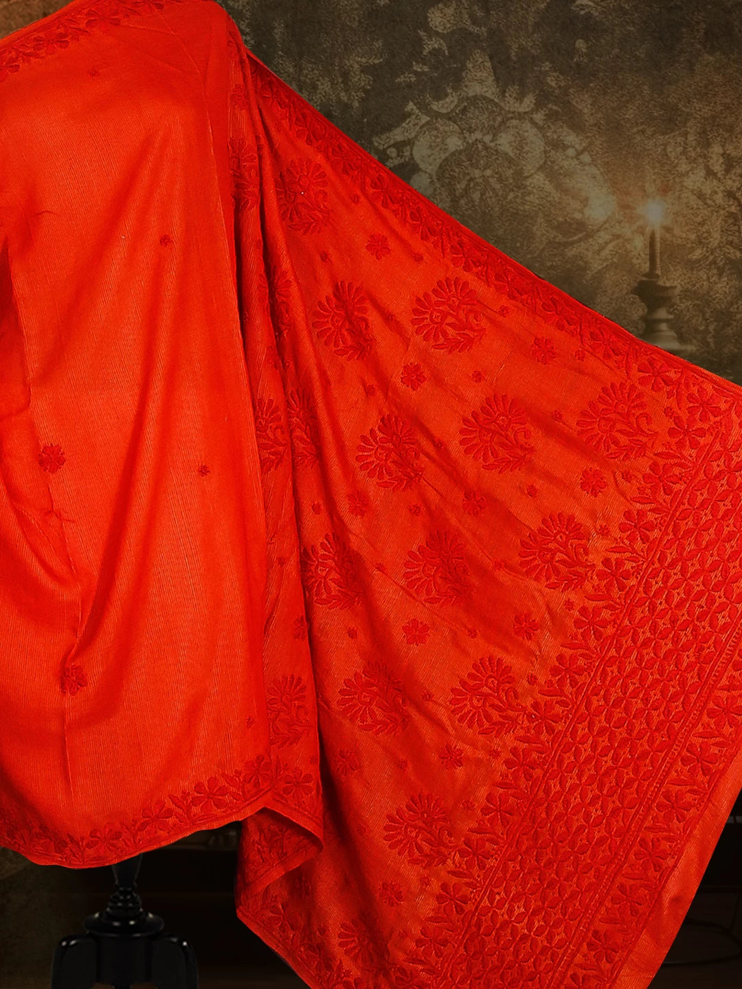 Ada Hand Embroidered Flame Orange Silk Lucknowi Chikankari Saree With Blouse 01A379747
