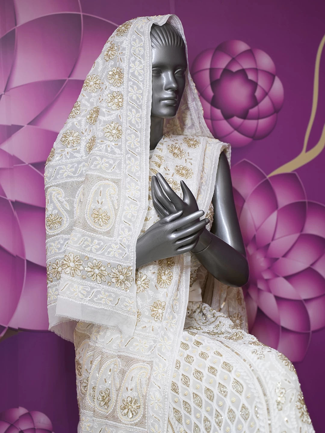 Ada Hand Embroidered White Pure Georgette Lucknowi Chikankari Lehenga Set With Zari Work 01A482621