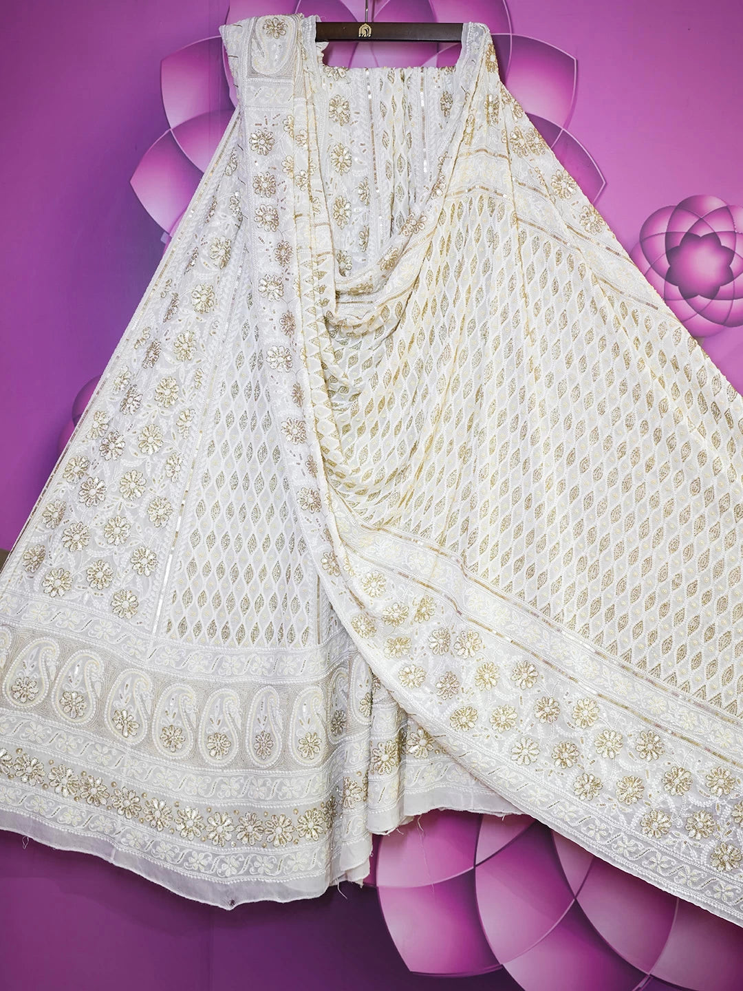 Ada Hand Embroidered White Pure Georgette Lucknowi Chikankari Lehenga Set With Zari Work 01A482621