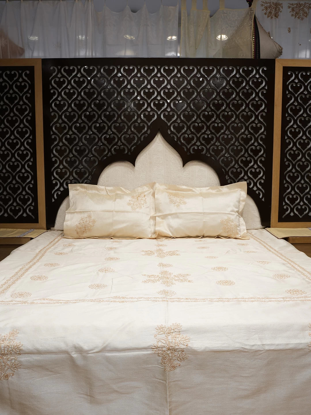 Ada Hand Embroidered Fawn Silk Lucknowi Chikankari Bed Sheet With Pillow And Cushion Cover Set 01A520106