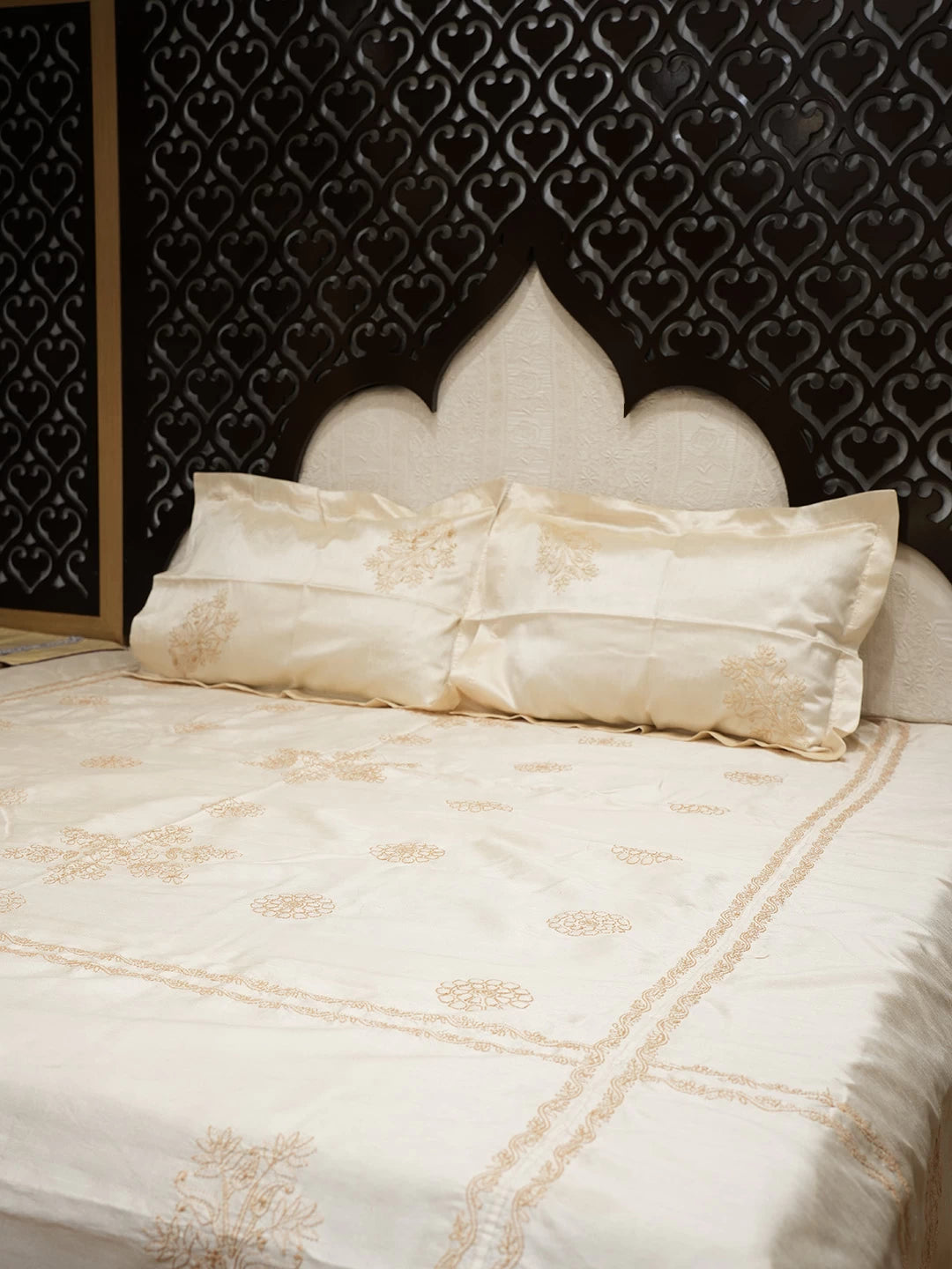 Ada Hand Embroidered Fawn Silk Lucknowi Chikankari Bed Sheet With Pillow And Cushion Cover Set 01A520106