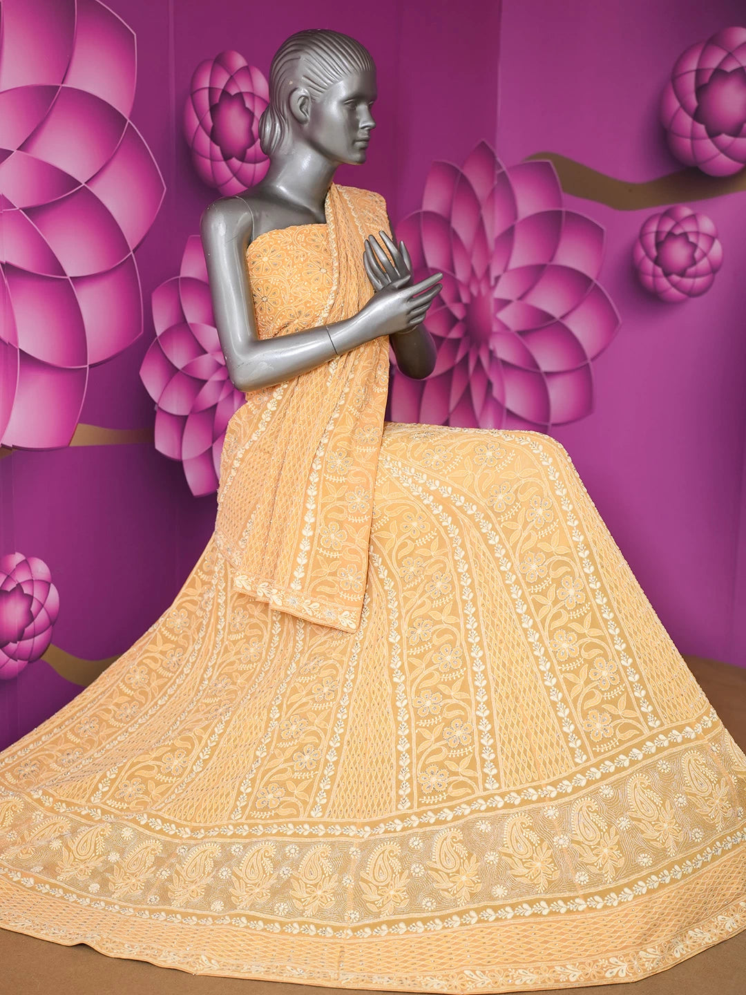 Ada Hand Embroidered Mustard Pure Georgette Lucknowi Chikankari Lehenga Set With Zari Work A595227