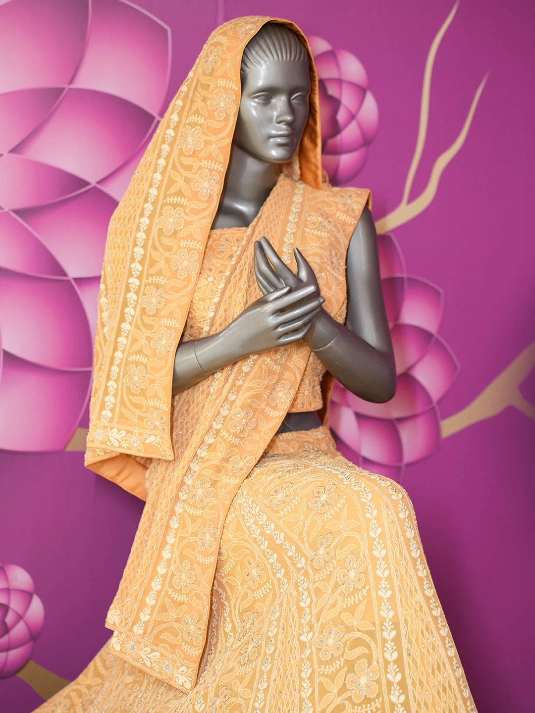 Ada Hand Embroidered Mustard Pure Georgette Lucknowi Chikankari Lehenga Set With Zari Work A595227