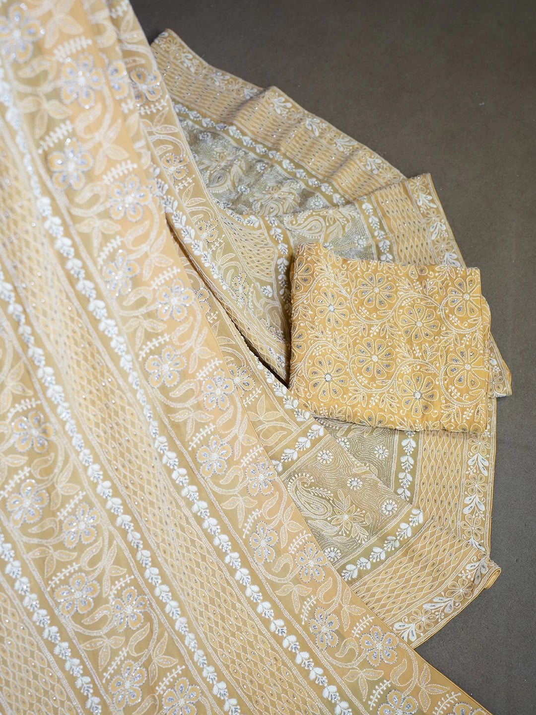 Ada Hand Embroidered Mustard Pure Georgette Lucknowi Chikankari Lehenga Set With Zari Work A595227