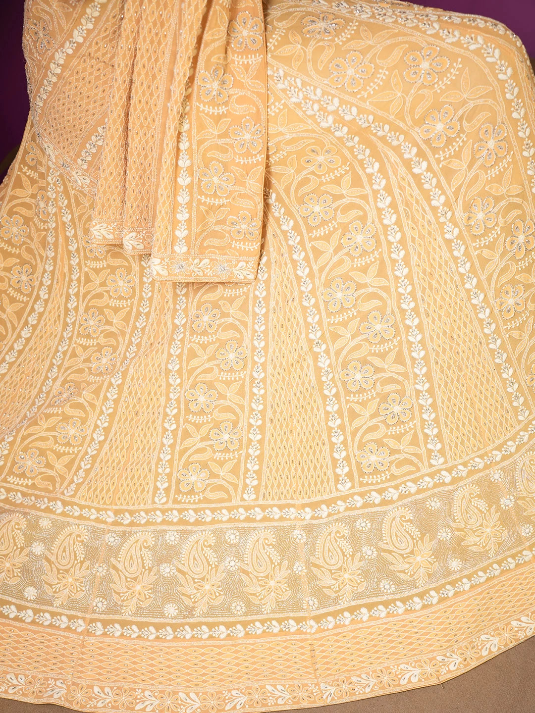 Ada Hand Embroidered Mustard Pure Georgette Lucknowi Chikankari Lehenga Set With Zari Work A595227