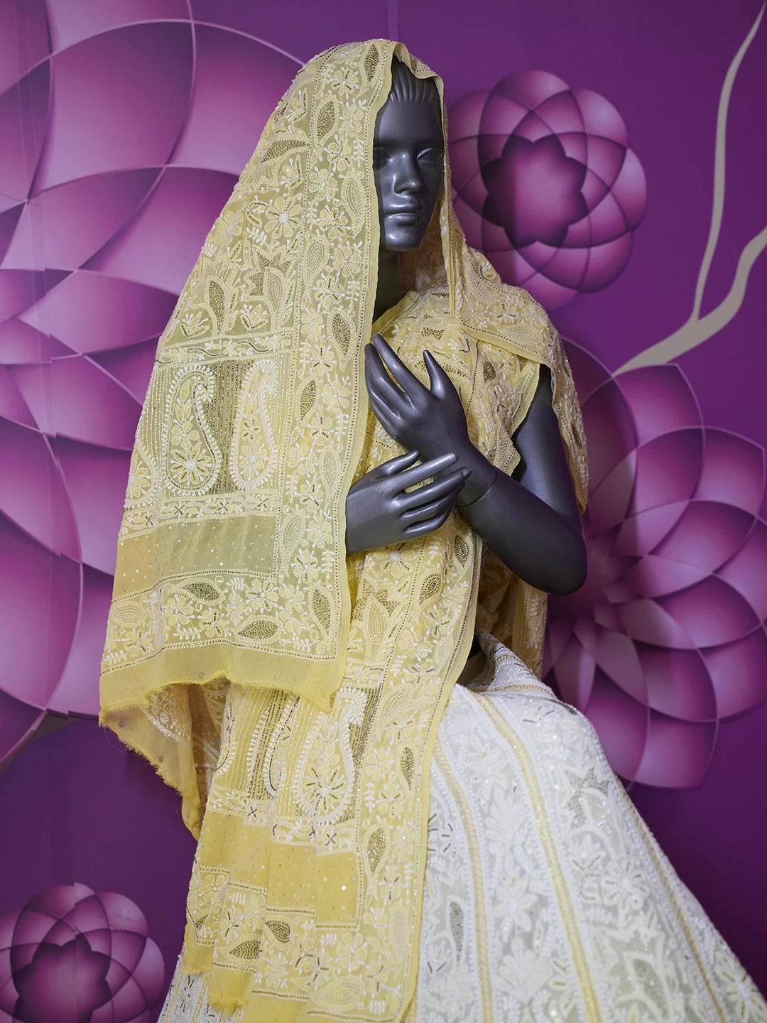 Ada Hand Embroidered Yellow Pure Georgette Lucknowi Chikankari Lehenga Set With Pearl Work  01A149468