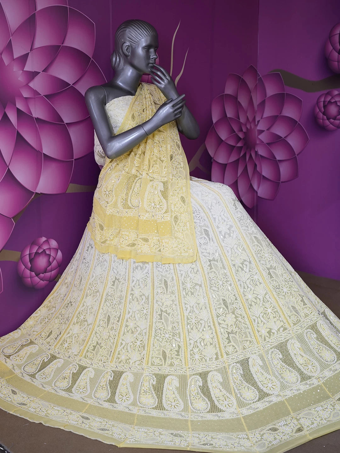 Ada Hand Embroidered Yellow Pure Georgette Lucknowi Chikankari Lehenga Set With Pearl Work  01A149468