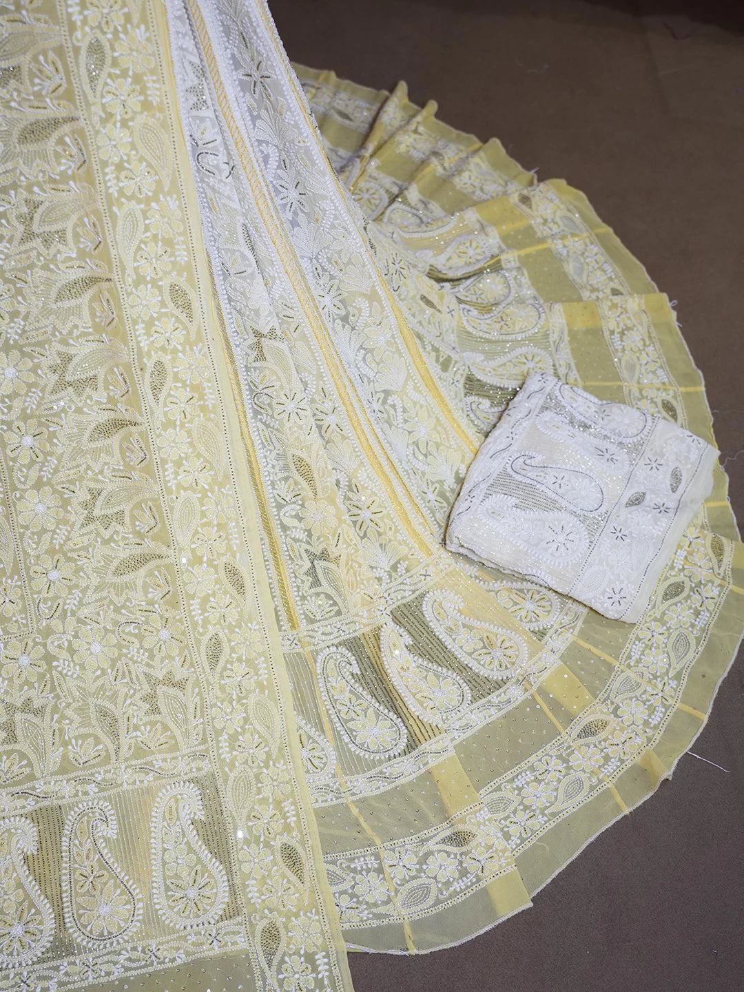 Ada Hand Embroidered Yellow Pure Georgette Lucknowi Chikankari Lehenga Set With Pearl Work  01A149468
