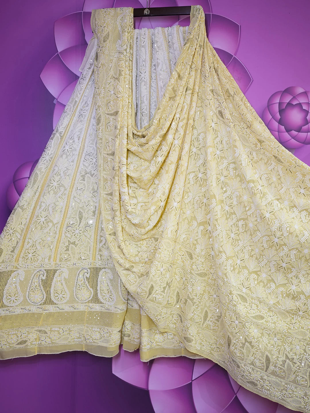 Ada Hand Embroidered Yellow Pure Georgette Lucknowi Chikankari Lehenga Set With Pearl Work  01A149468