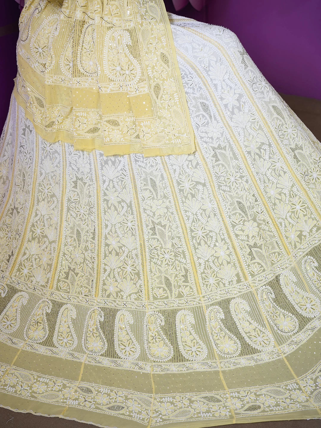 Ada Hand Embroidered Yellow Pure Georgette Lucknowi Chikankari Lehenga Set With Pearl Work  01A149468