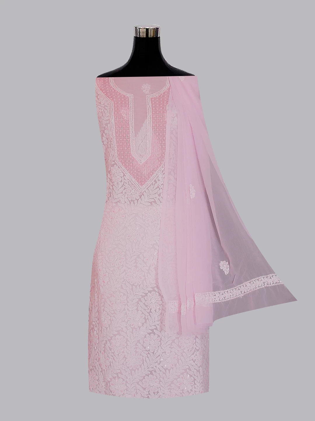 Ada Hand Embroidered Baby Pink Georgette Lucknowi Chikankari Unstitched Suit Piece With Pearl Work 01A530649