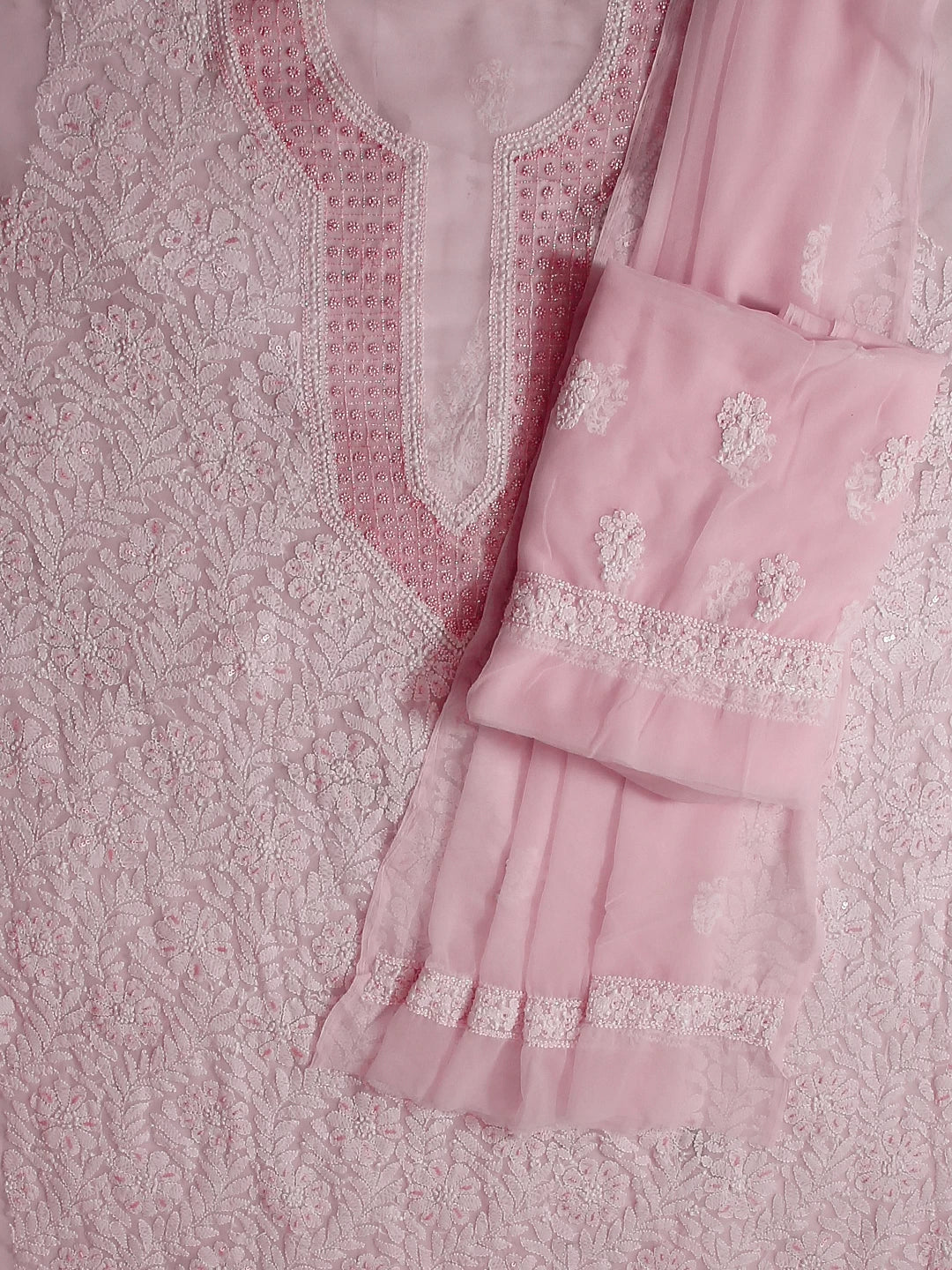 Ada Hand Embroidered Baby Pink Georgette Lucknowi Chikankari Unstitched Suit Piece With Pearl Work 01A530649