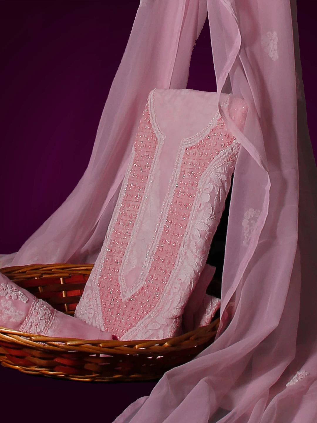 Ada Hand Embroidered Baby Pink Georgette Lucknowi Chikankari Unstitched Suit Piece With Pearl Work 01A530649