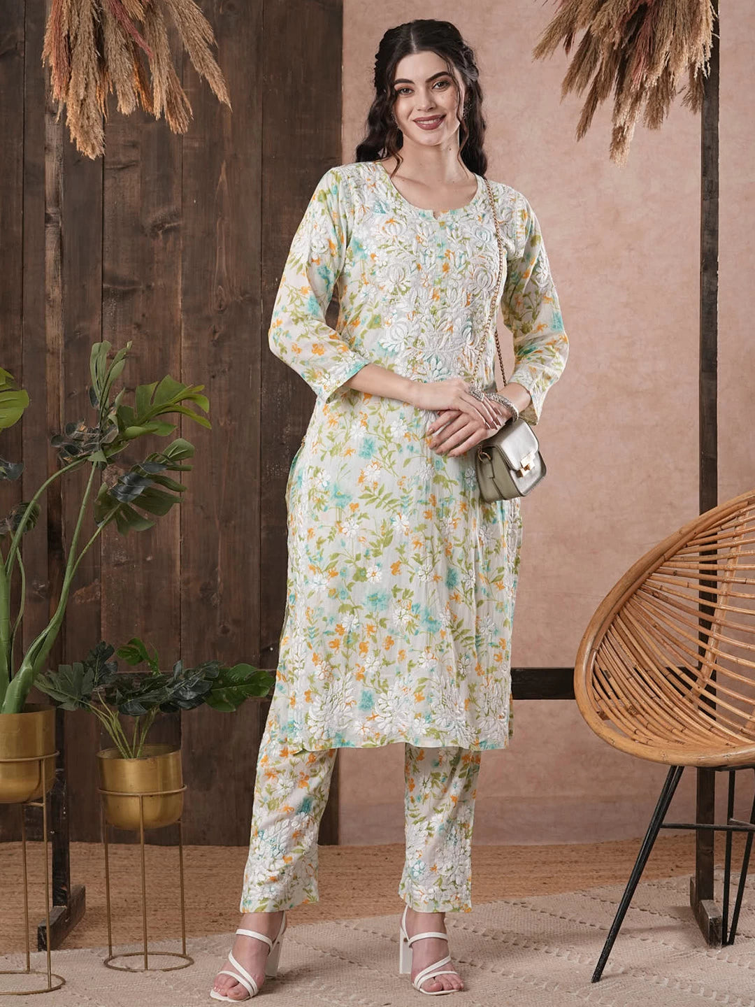 Ada Hand Embroidered White cotton Lucknowi Chikankari Co-Ord Set A811244