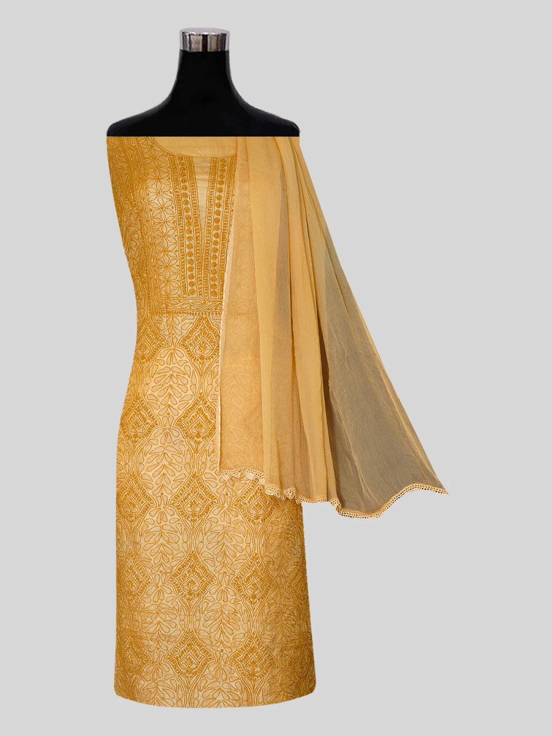 Ada Hand Embroidered Mustard Silk Lucknowi Chikankari Unstitched Suit Piece 01A526997