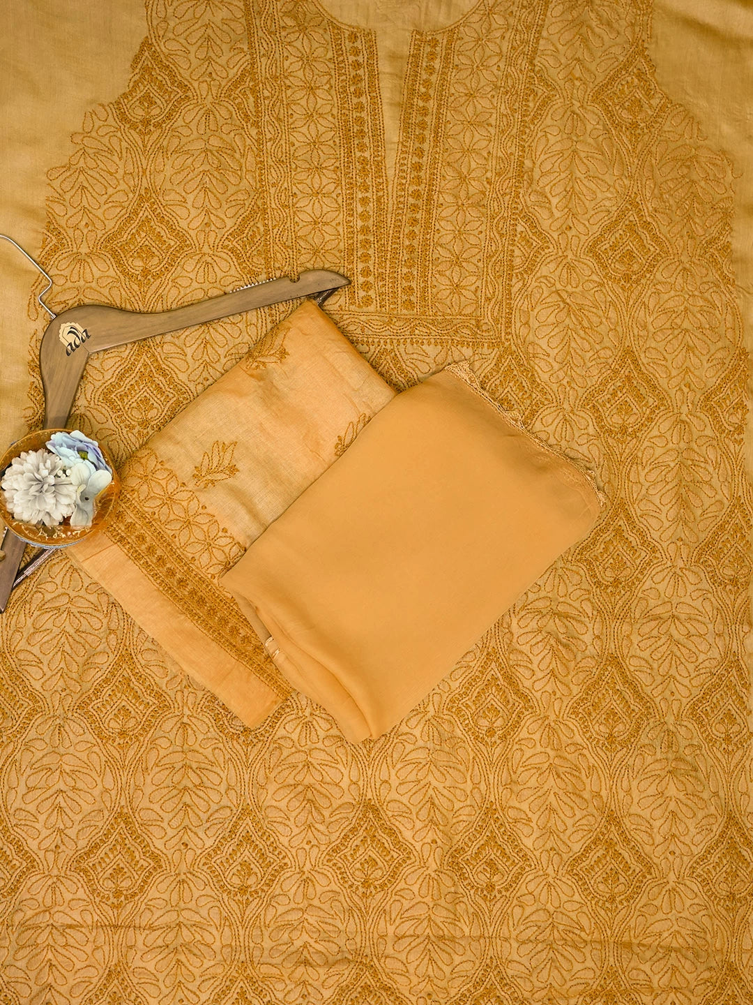 Ada Hand Embroidered Mustard Silk Lucknowi Chikankari Unstitched Suit Piece 01A526997