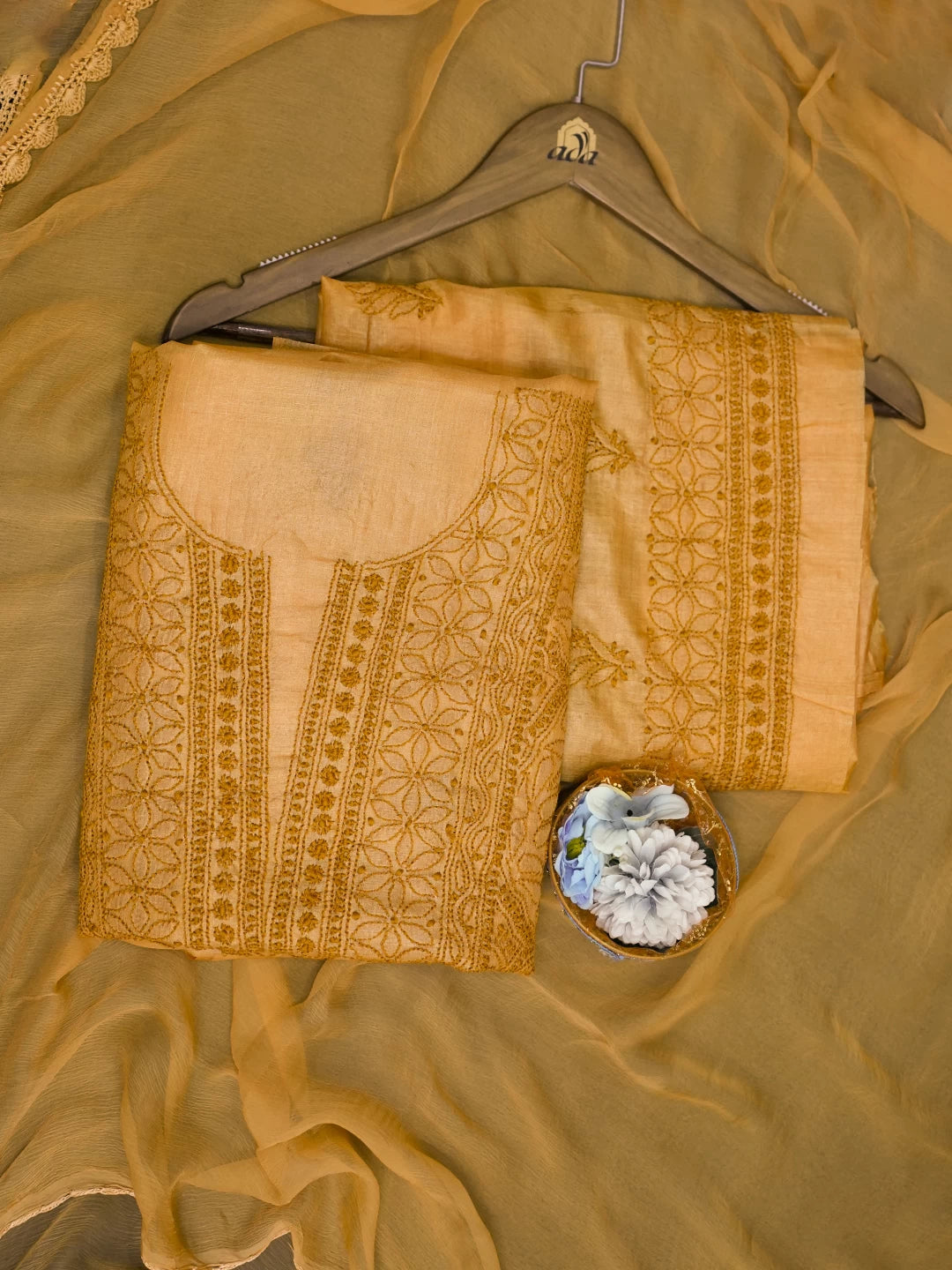 Ada Hand Embroidered Mustard Silk Lucknowi Chikankari Unstitched Suit Piece 01A526997