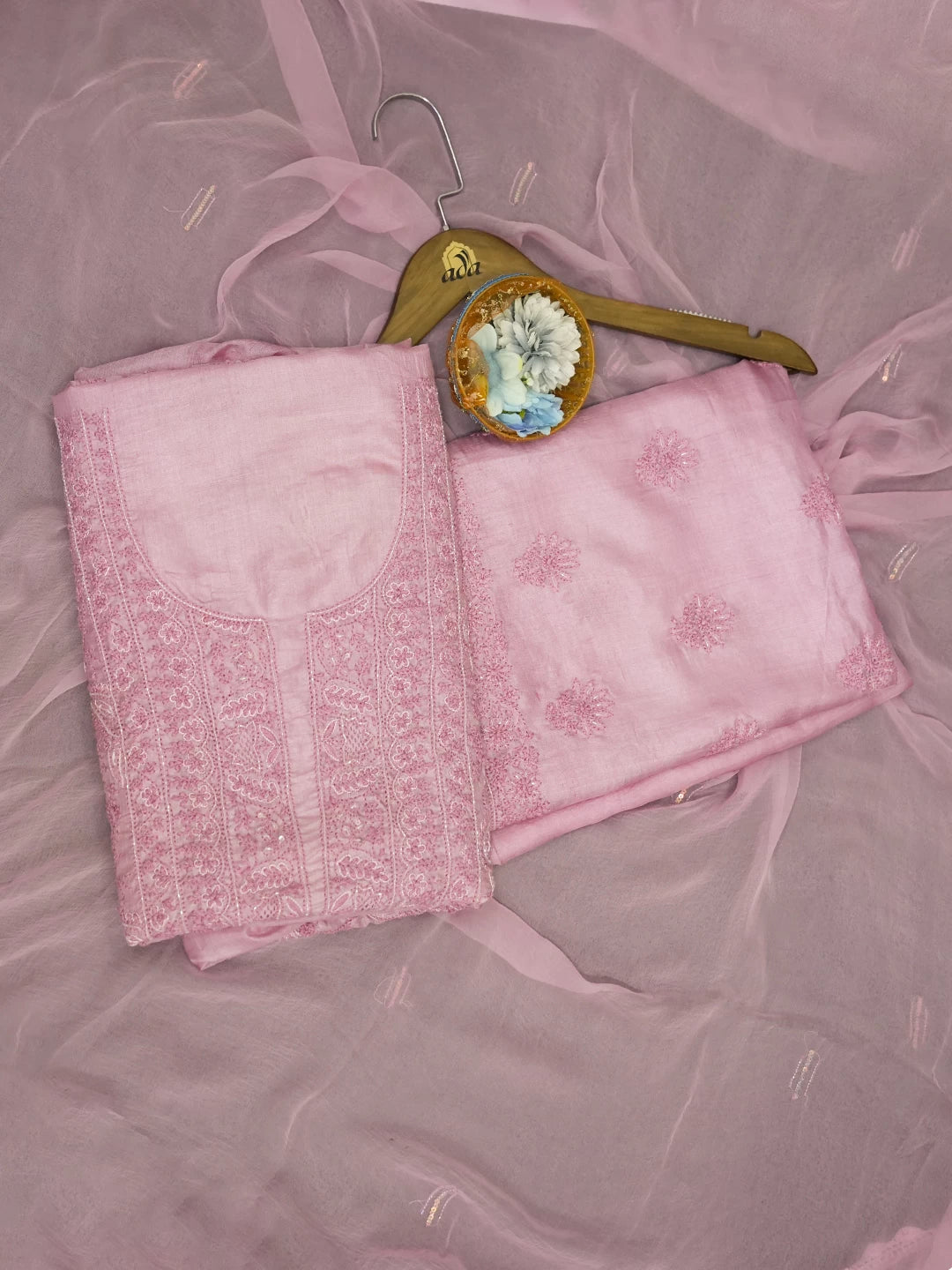 Ada Hand Embroidered Onion Pink Silk Lucknowi Chikankari Unstitched Suit Piece with Cutdana Work 01A512088