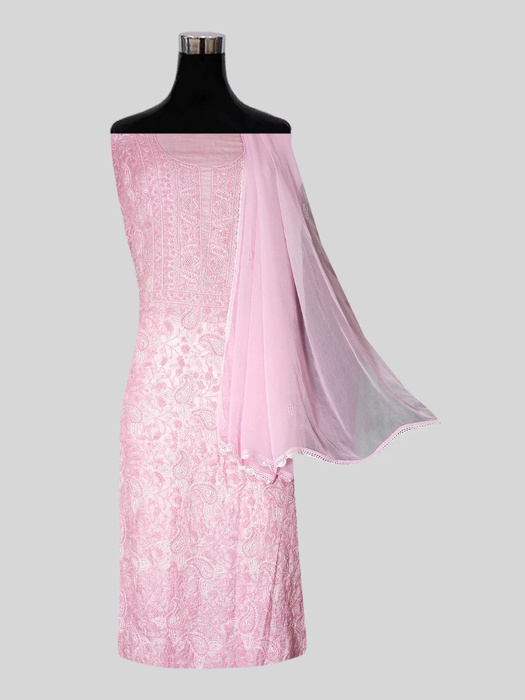 Ada Hand Embroidered Onion Pink Silk Lucknowi Chikankari Unstitched Suit Piece with Cutdana Work 01A512088