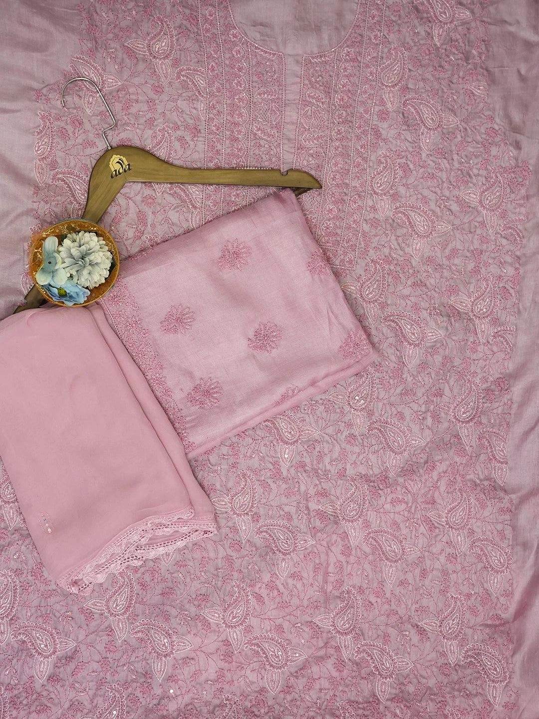 Ada Hand Embroidered Onion Pink Silk Lucknowi Chikankari Unstitched Suit Piece with Cutdana Work 01A512088