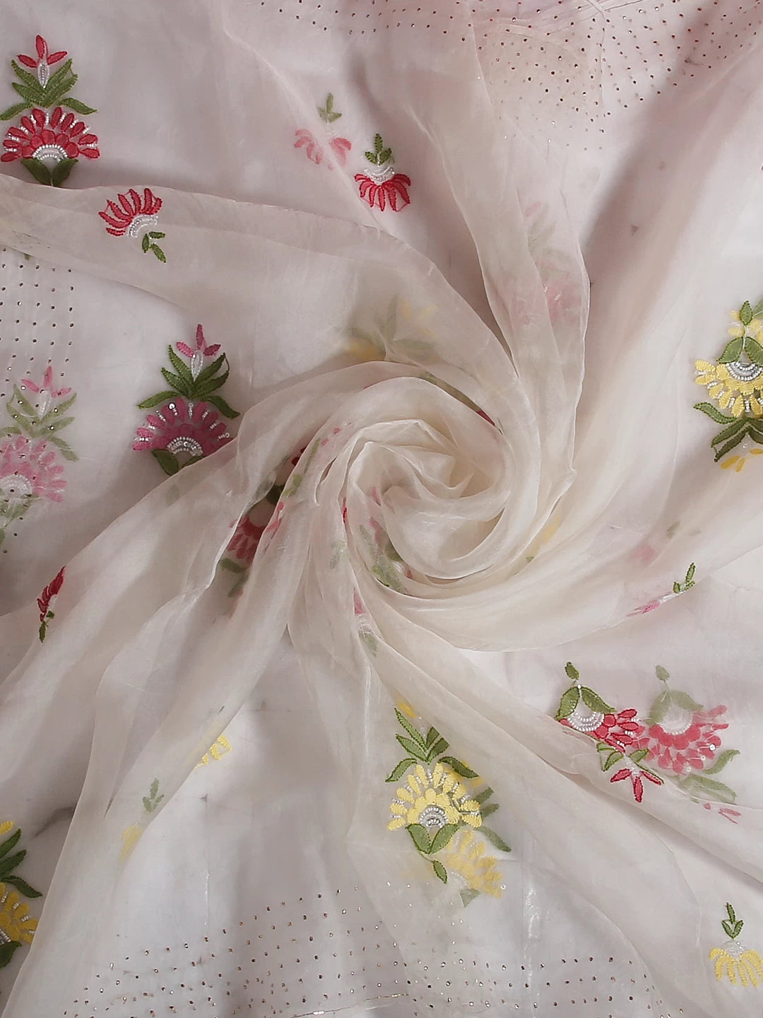 Ada Hand Embroidered White Organza Lucknowi Chikankari Dupatta With Muqaish Work 01A511427