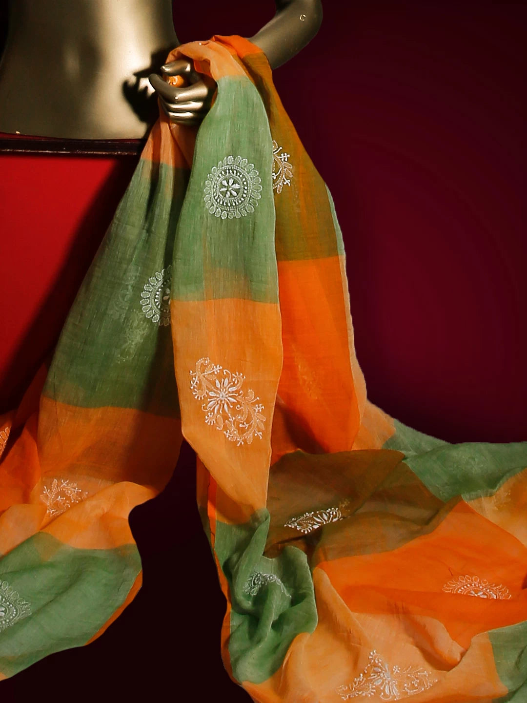 Ada Hand Embroidered Orange Cotton Lucknowi Chikankari Dupatta 01A500527