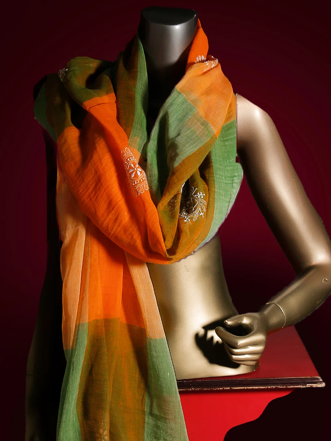 Ada Hand Embroidered Orange Cotton Lucknowi Chikankari Dupatta 01A500527