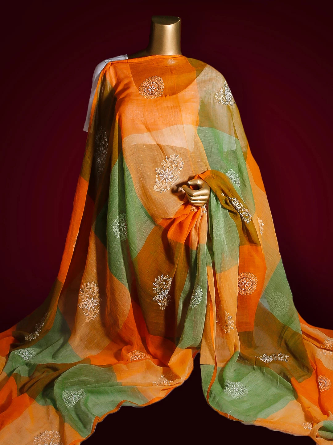 Ada Hand Embroidered Orange Cotton Lucknowi Chikankari Dupatta 01A500527