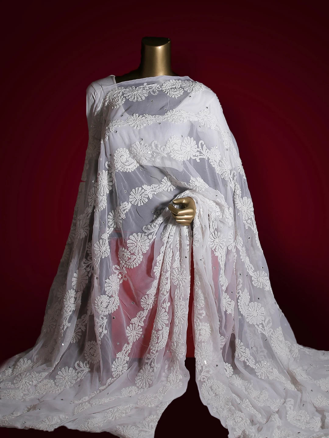 Ada Hand Embroidered White Faux Georgette Lucknowi Chikankari Dupatta with Mirror Work 01A400660