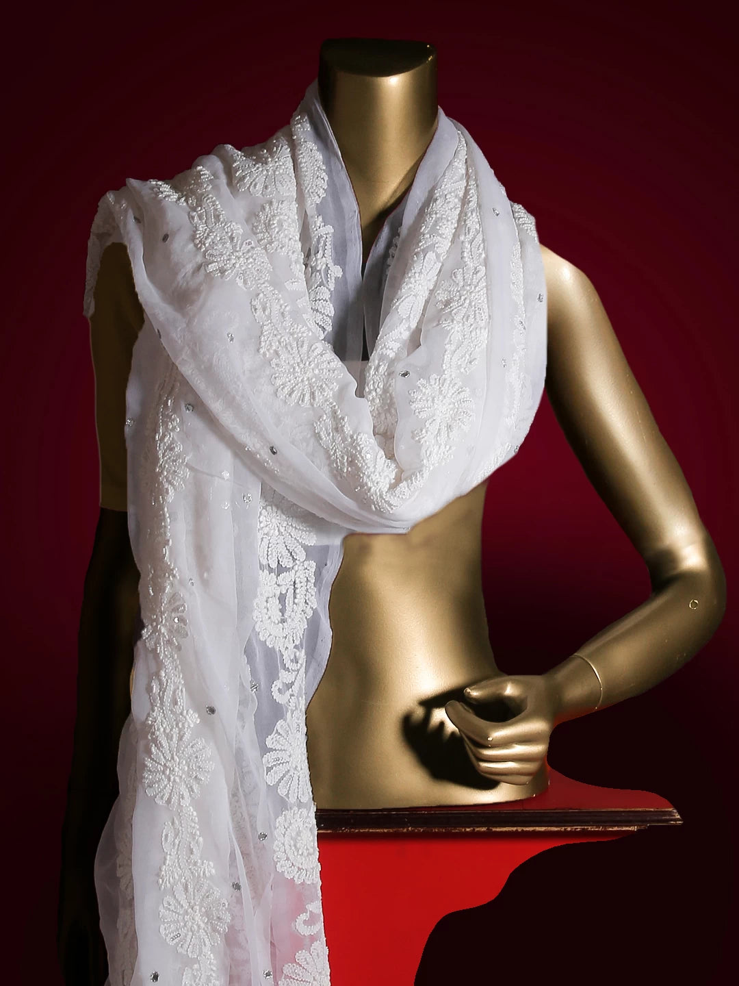 Ada Hand Embroidered White Faux Georgette Lucknowi Chikankari Dupatta with Mirror Work 01A400660