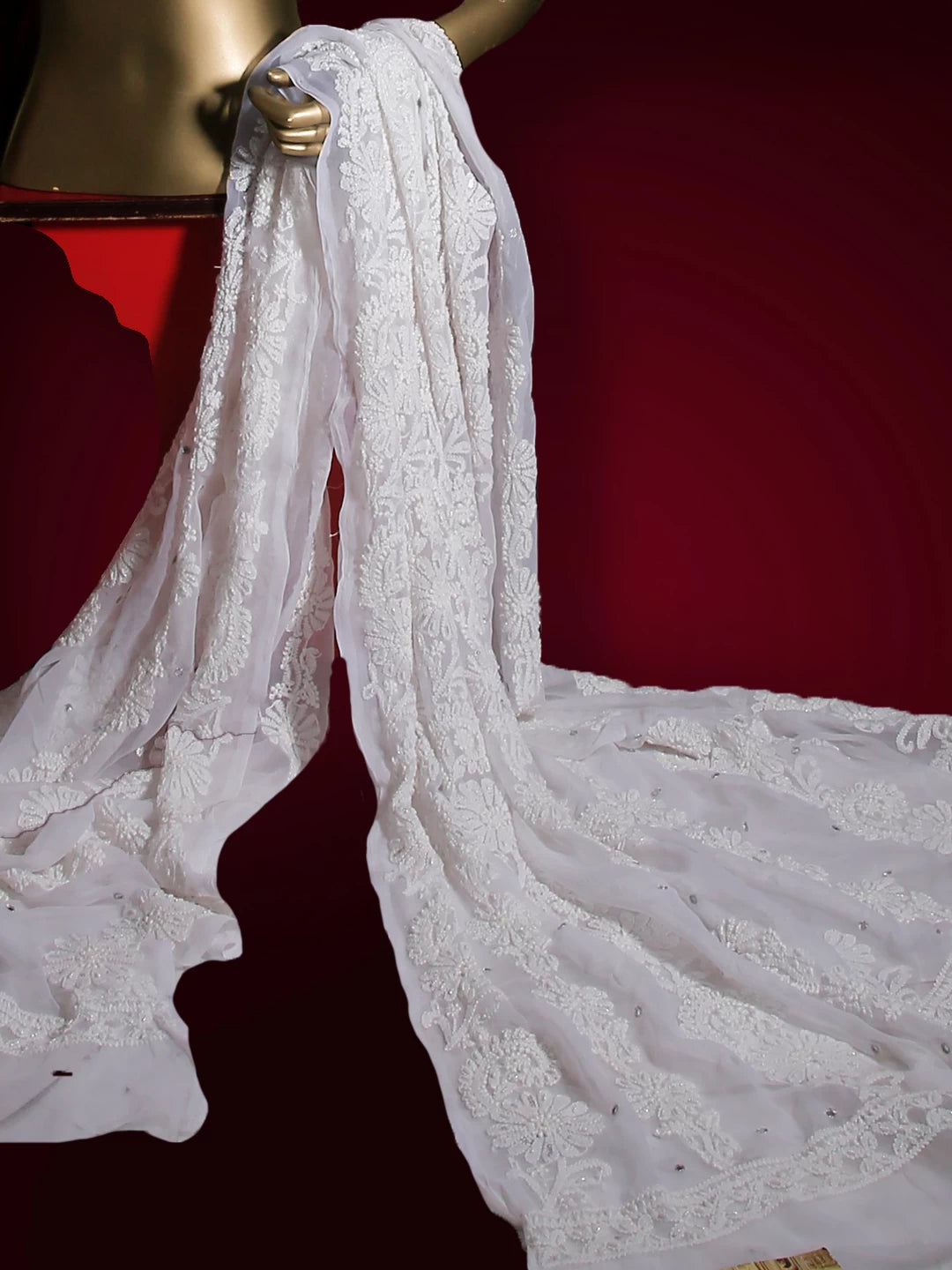 Ada Hand Embroidered White Faux Georgette Lucknowi Chikankari Dupatta with Mirror Work 01A400660