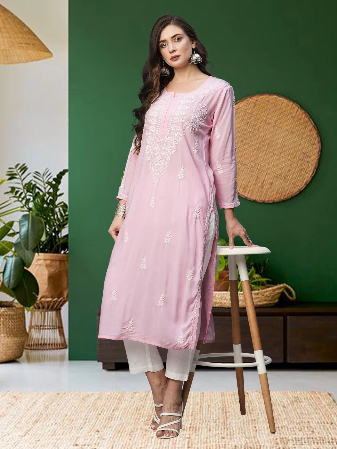 Ada Hand Embroidered Baby Pink Rayon Lucknowi Chikankari Straight Kurta A411491