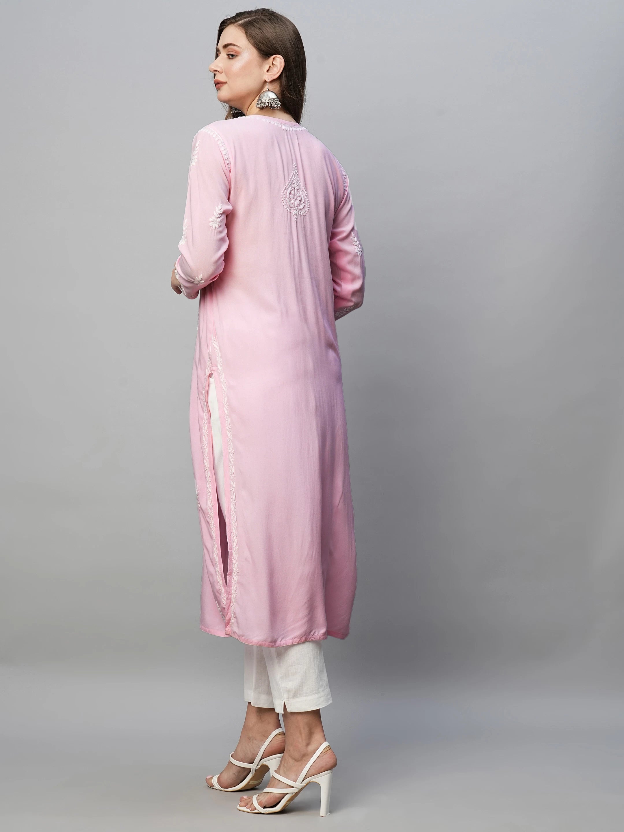 Ada Hand Embroidered Baby Pink Rayon Lucknowi Chikankari Straight Kurta A411491