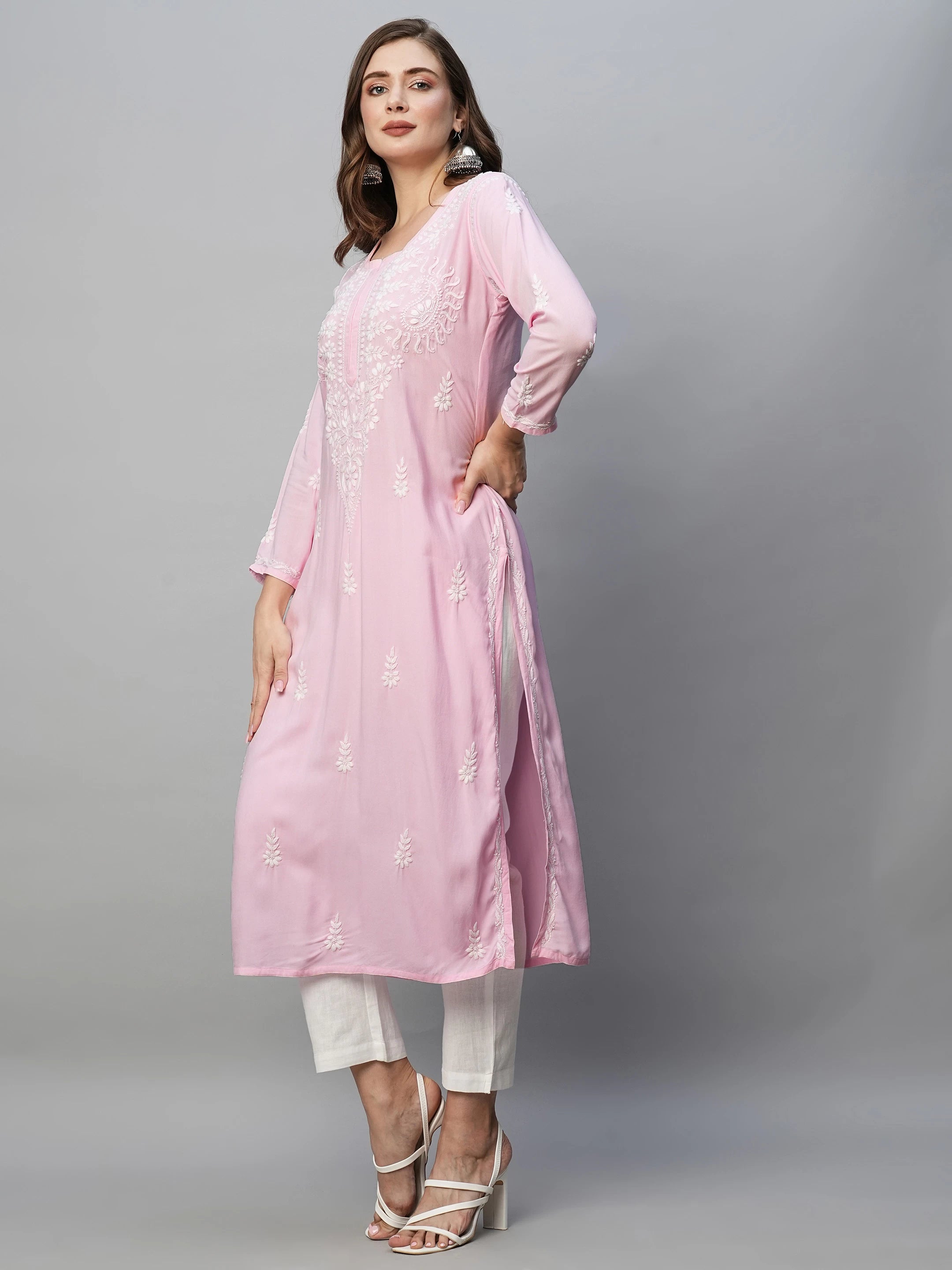 Ada Hand Embroidered Baby Pink Rayon Lucknowi Chikankari Straight Kurta A411491