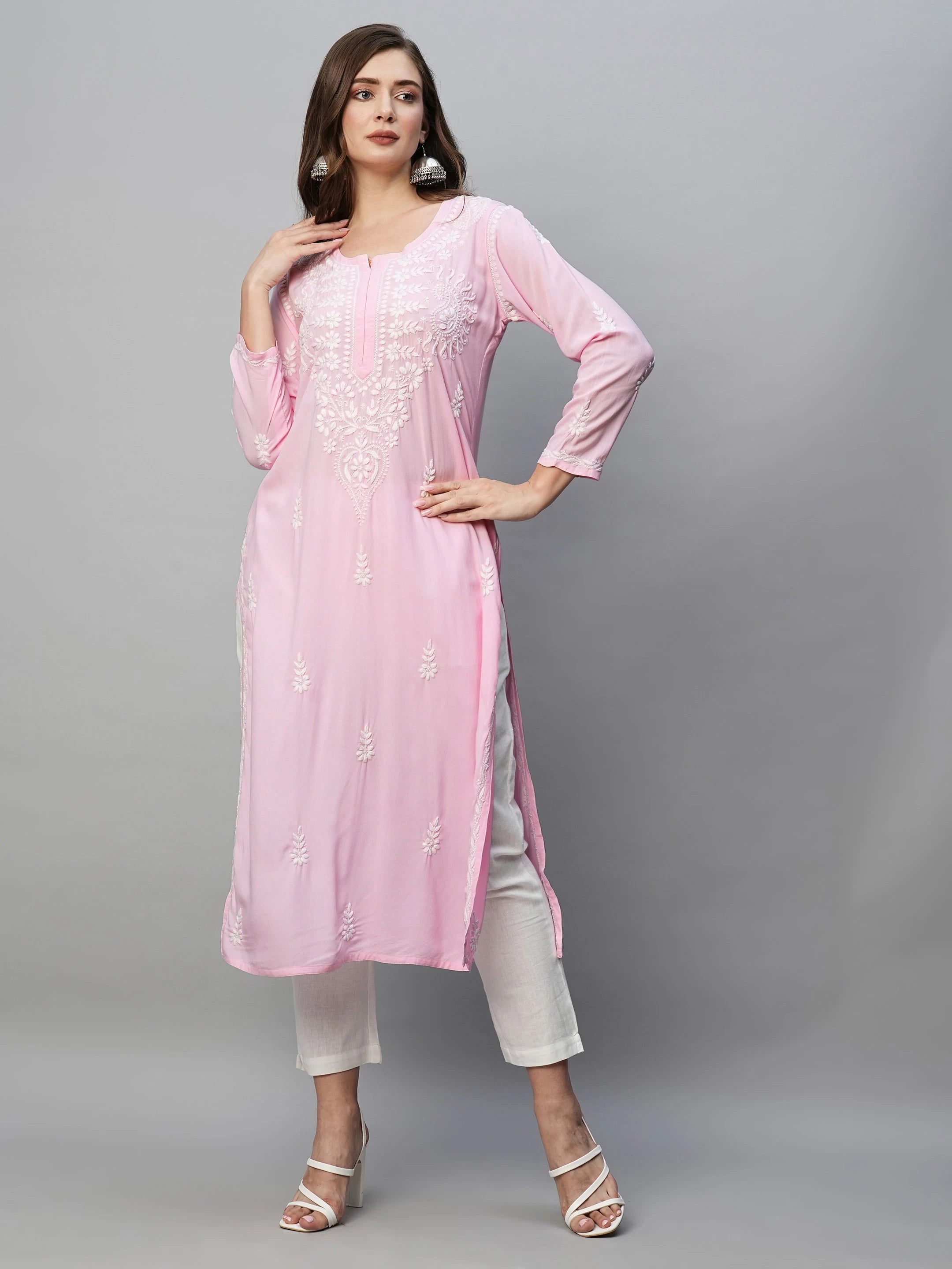 Ada Hand Embroidered Baby Pink Rayon Lucknowi Chikankari Straight Kurta A411491