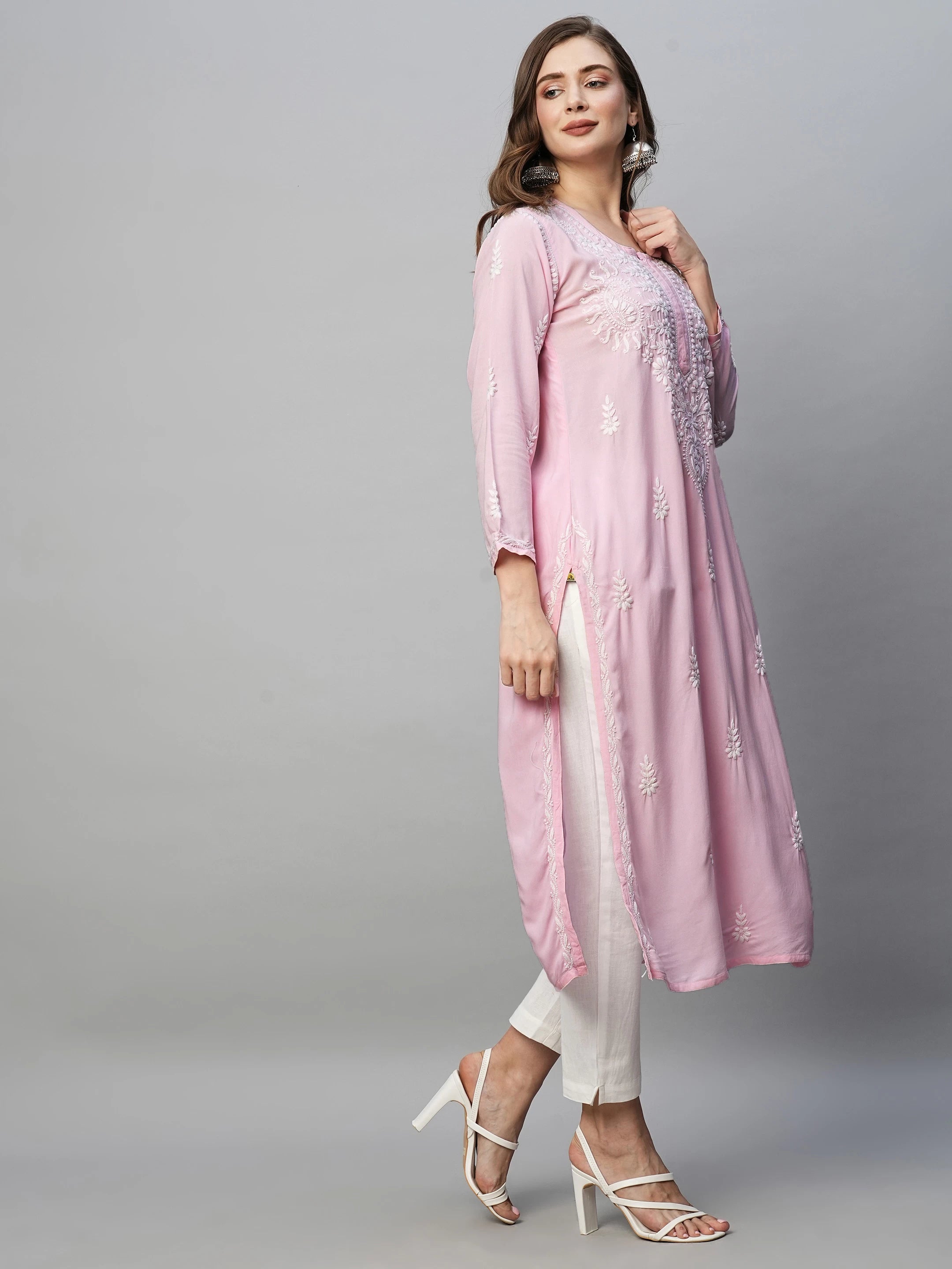 Ada Hand Embroidered Baby Pink Rayon Lucknowi Chikankari Straight Kurta A411491
