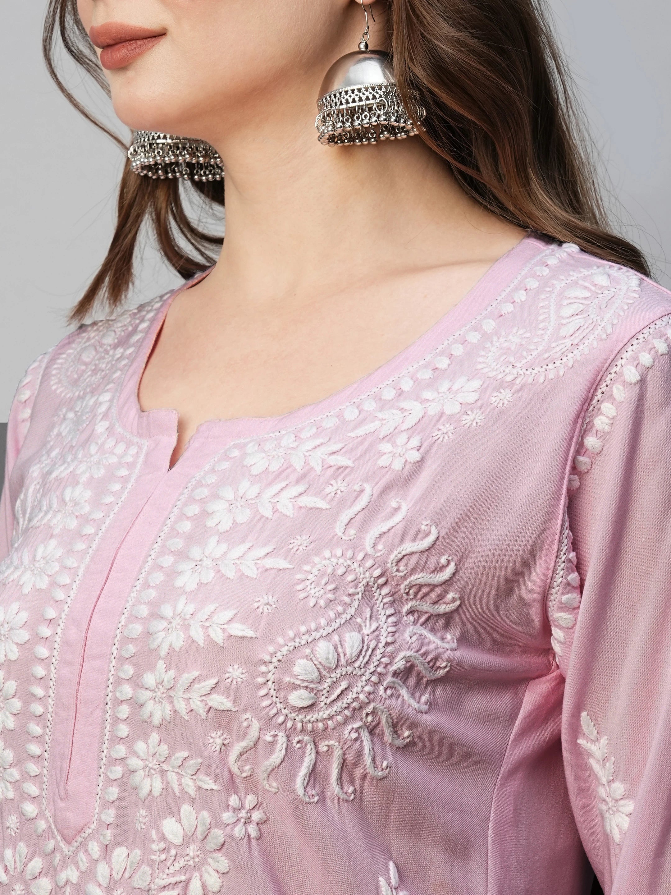 Ada Hand Embroidered Baby Pink Rayon Lucknowi Chikankari Straight Kurta A411491