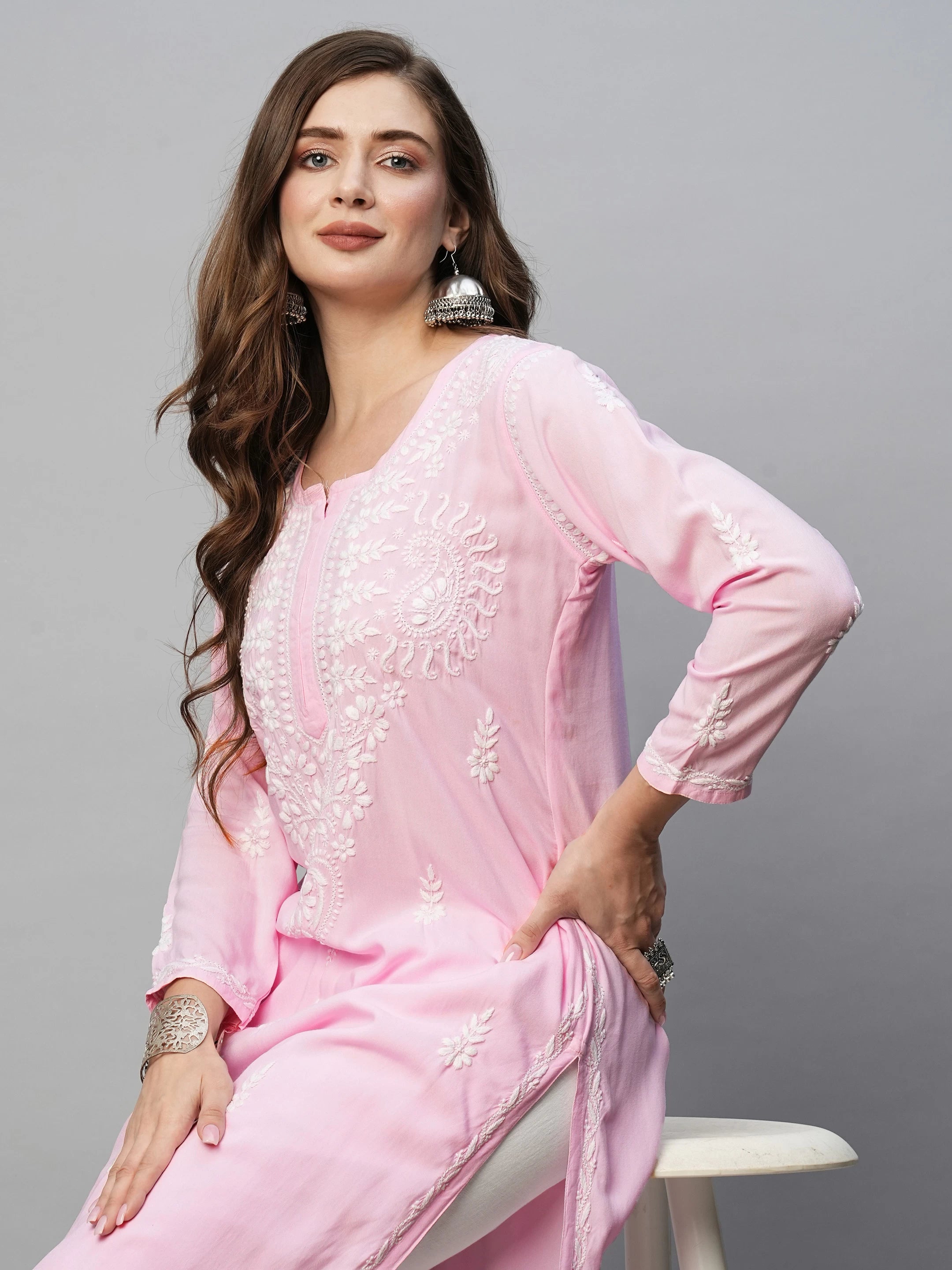 Ada Hand Embroidered Baby Pink Rayon Lucknowi Chikankari Straight Kurta A411491