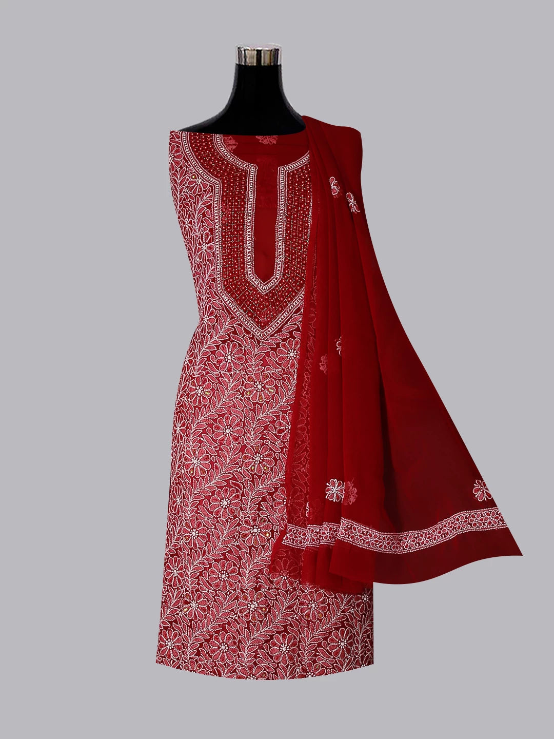 Ada Hand Embroidered Maroon Georgette Lucknowi Chikankari Unstitched Suit Piece With Pearl Work 01A530666