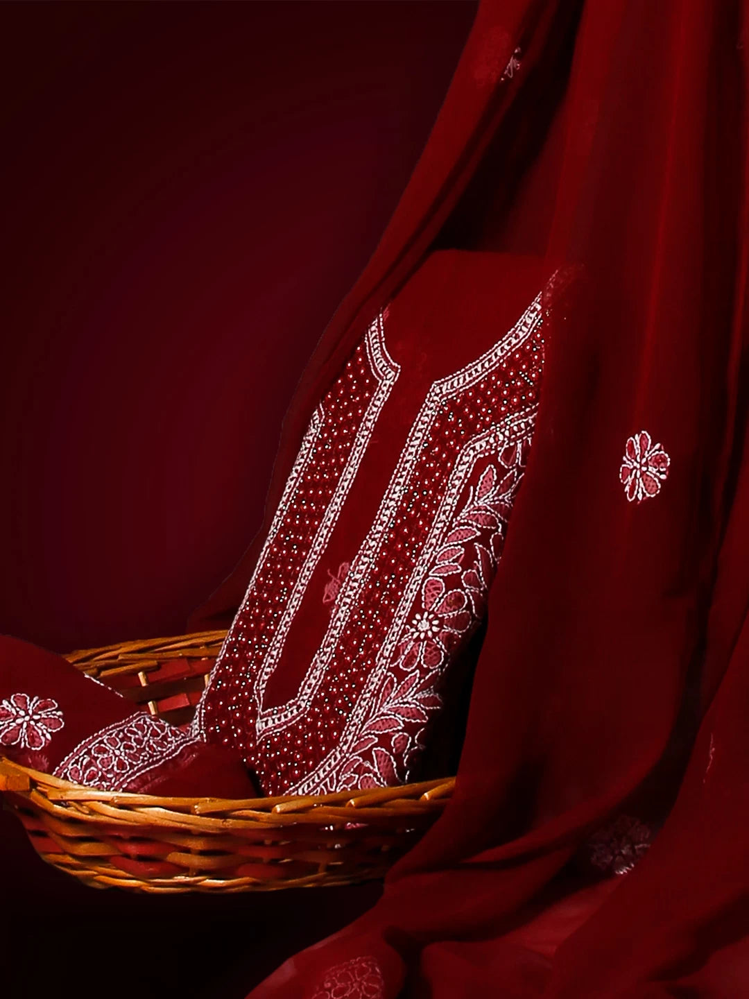 Ada Hand Embroidered Maroon Georgette Lucknowi Chikankari Unstitched Suit Piece With Pearl Work 01A530666