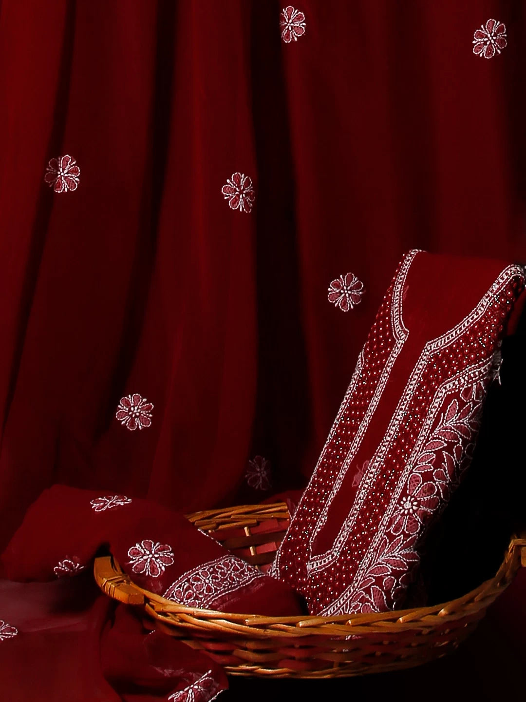Ada Hand Embroidered Maroon Georgette Lucknowi Chikankari Unstitched Suit Piece With Pearl Work 01A530666