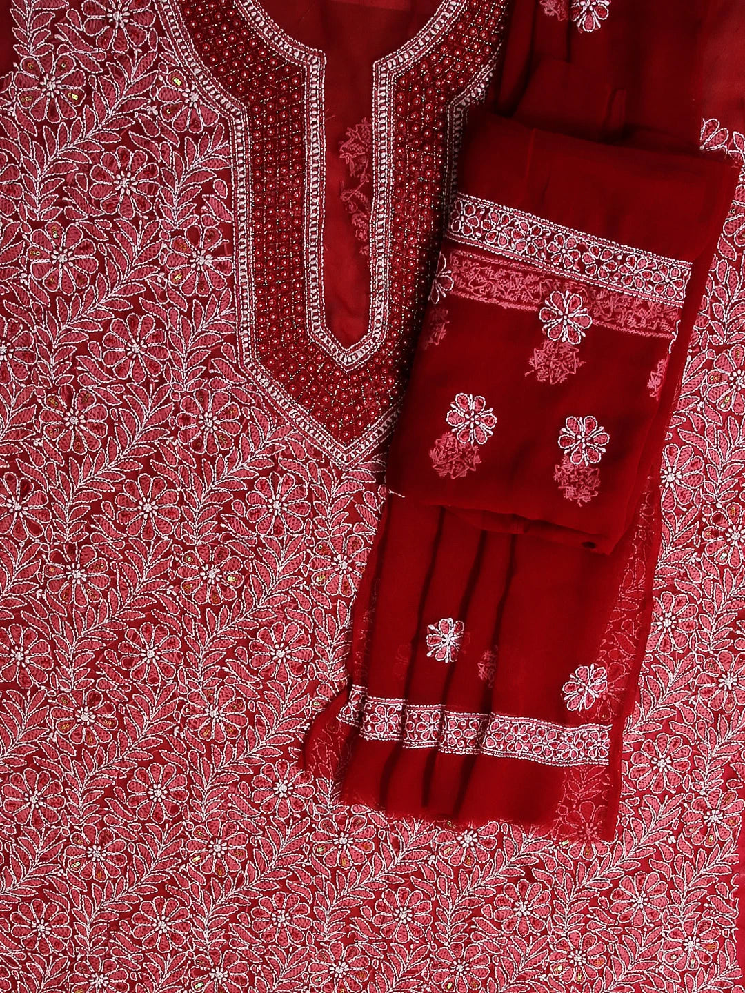 Ada Hand Embroidered Maroon Georgette Lucknowi Chikankari Unstitched Suit Piece With Pearl Work 01A530666