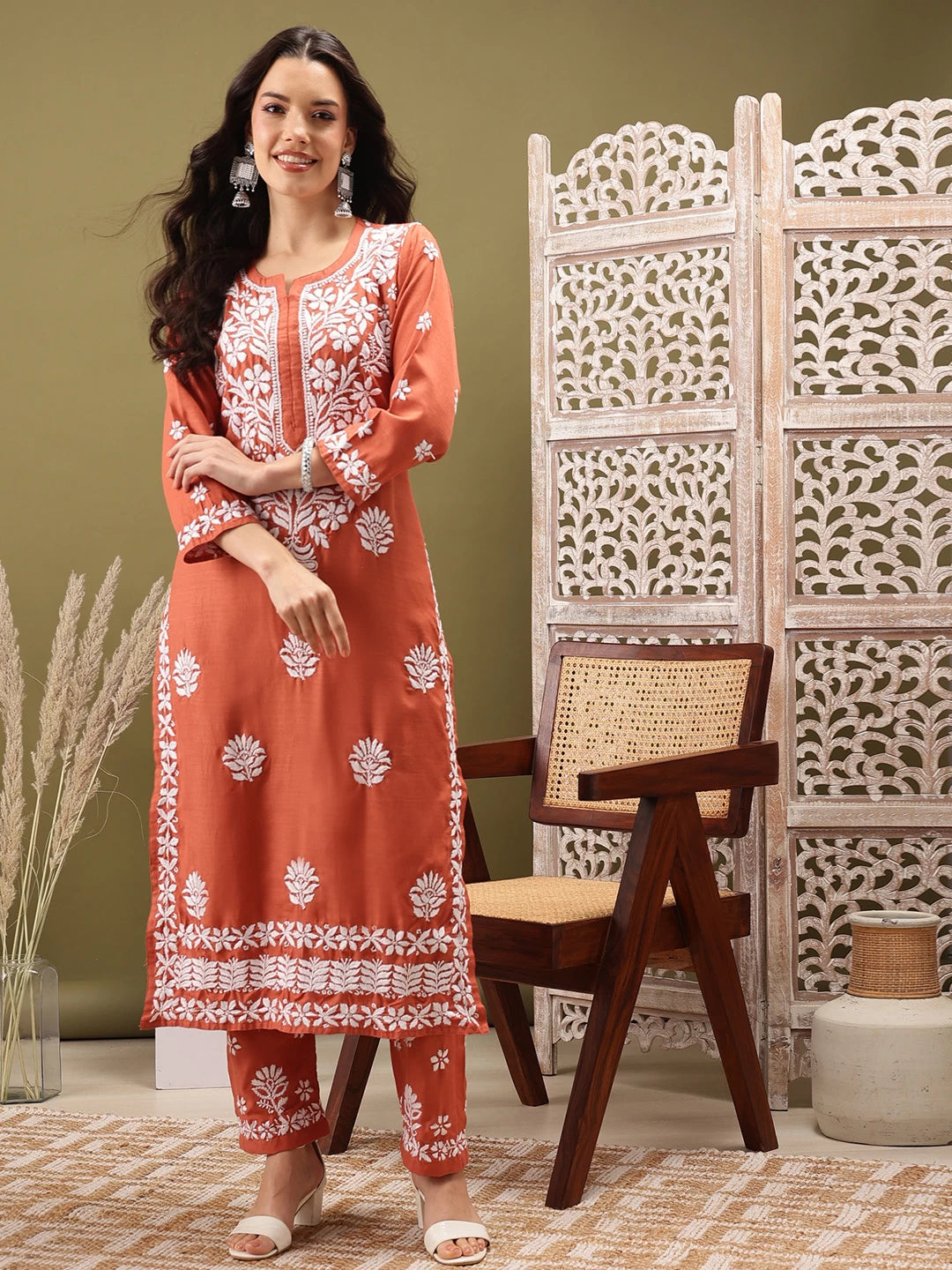 Ada Hand Embroidered Rust cotton Lucknowi Chikankari Co-Ord Set A811256