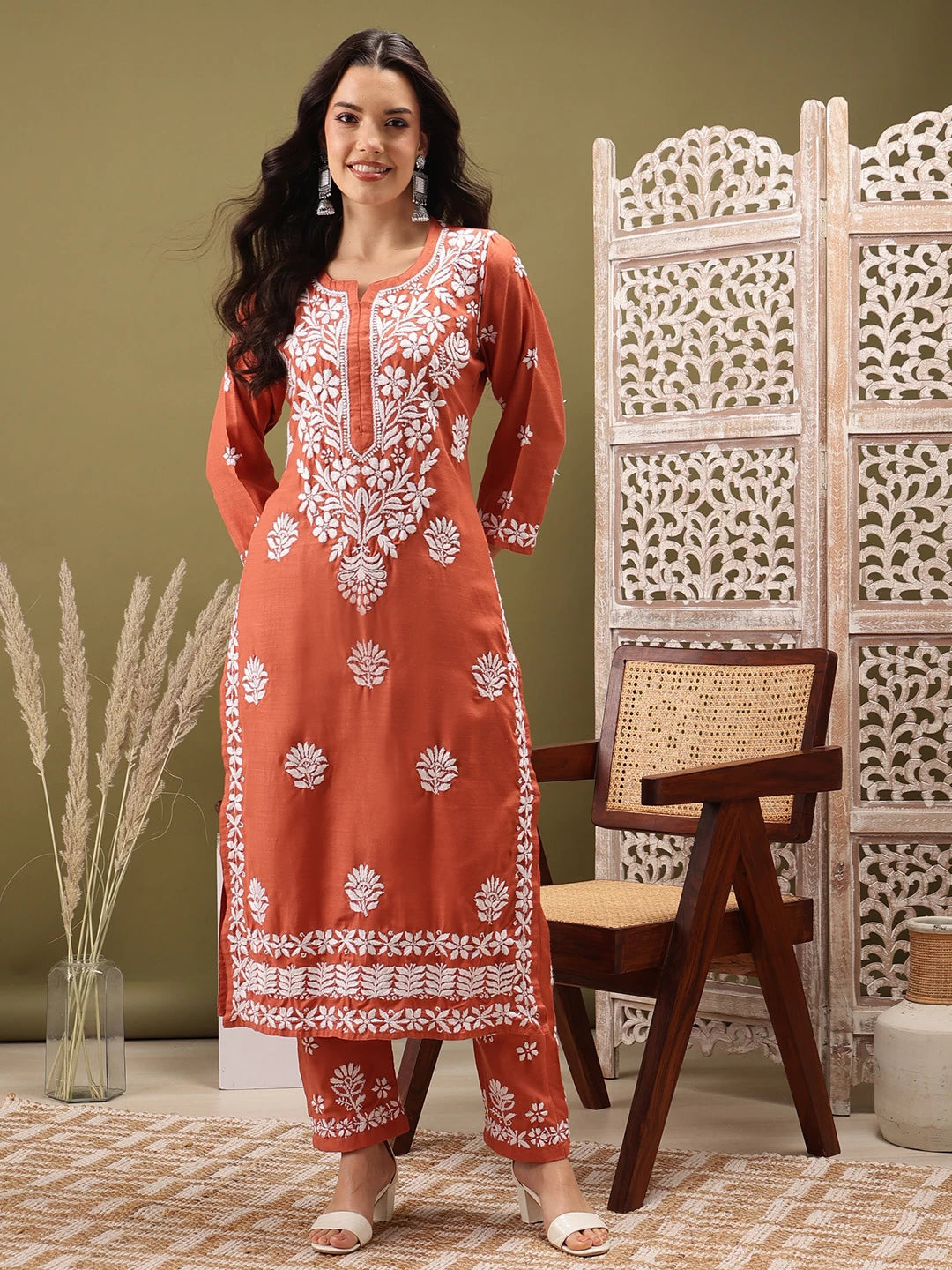 Ada Hand Embroidered Rust cotton Lucknowi Chikankari Co-Ord Set A811256