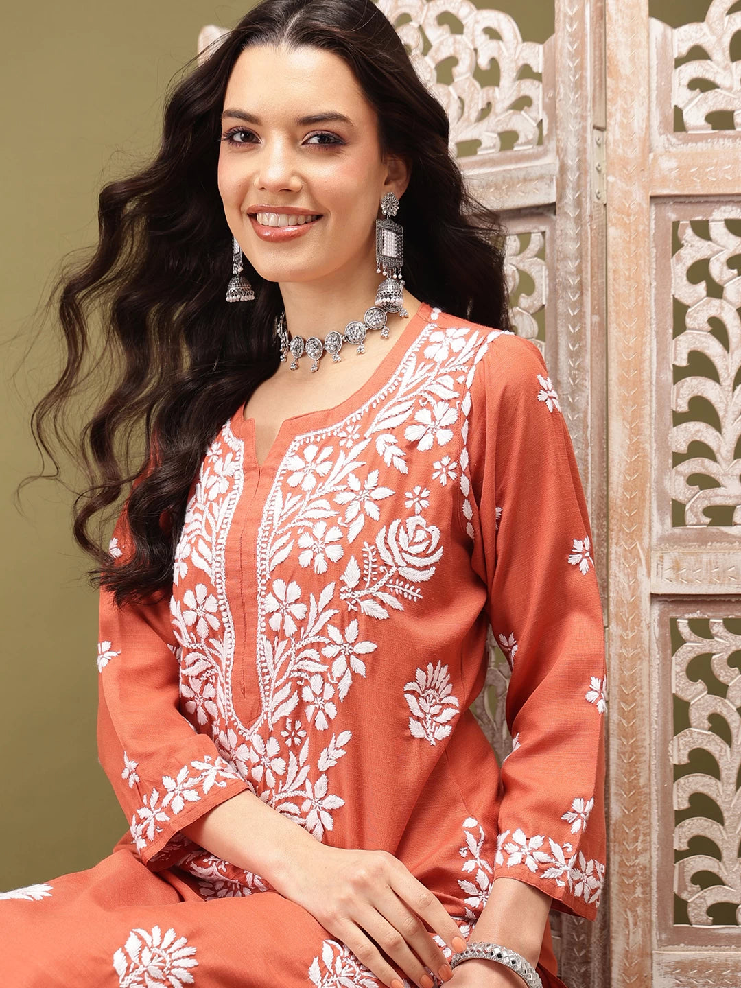Ada Hand Embroidered Rust cotton Lucknowi Chikankari Co-Ord Set A811256