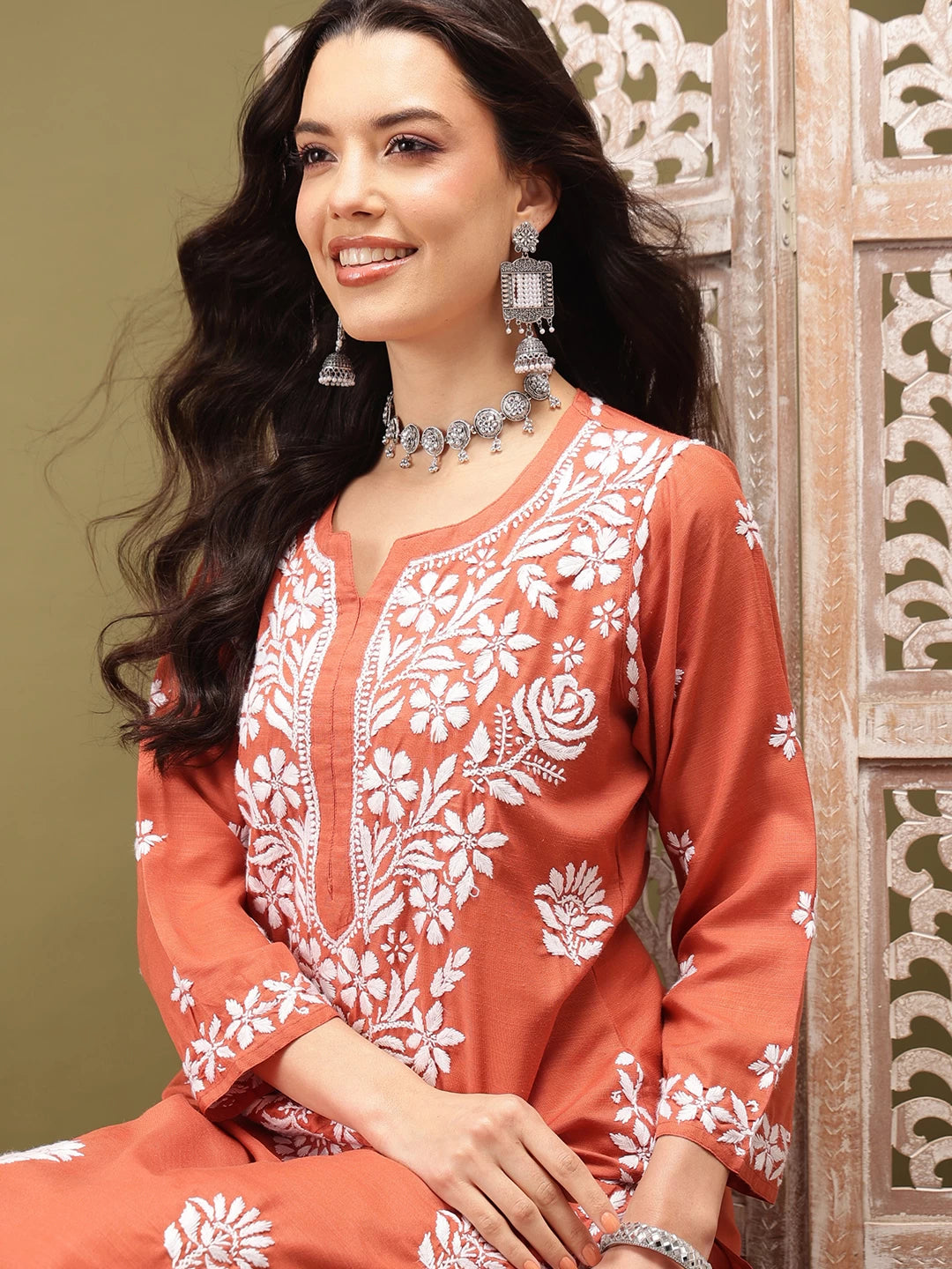 Ada Hand Embroidered Rust cotton Lucknowi Chikankari Co-Ord Set A811256