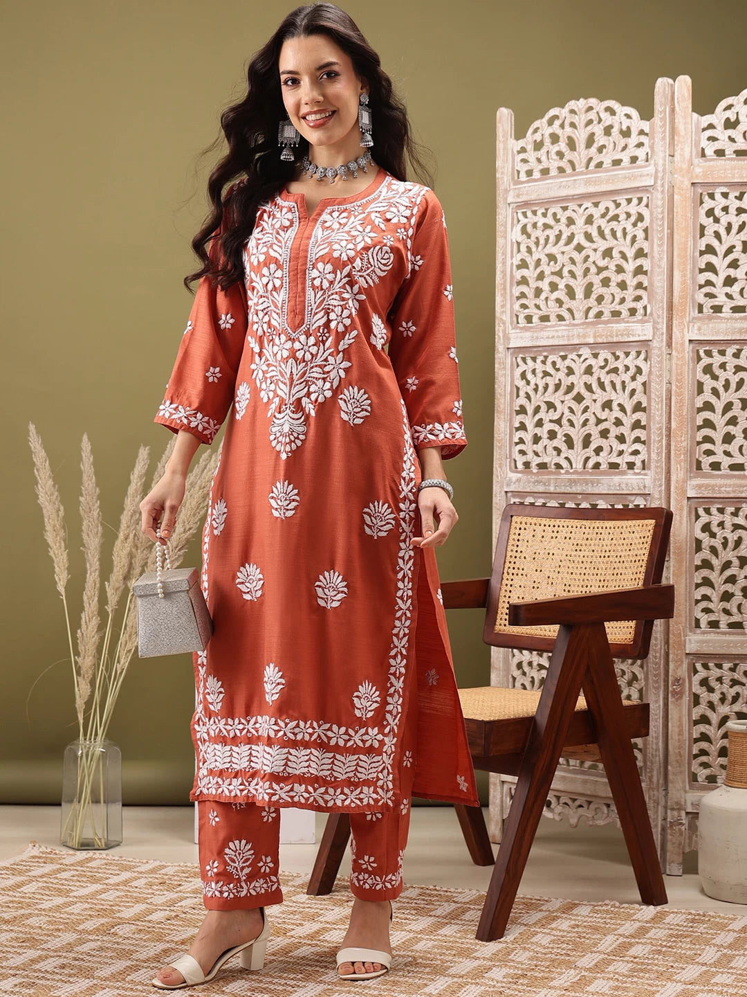 Ada Hand Embroidered Rust cotton Lucknowi Chikankari Co-Ord Set A811256