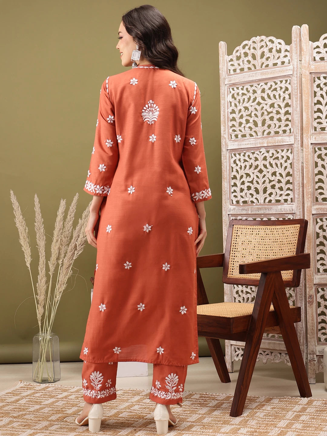 Ada Hand Embroidered Rust cotton Lucknowi Chikankari Co-Ord Set A811256